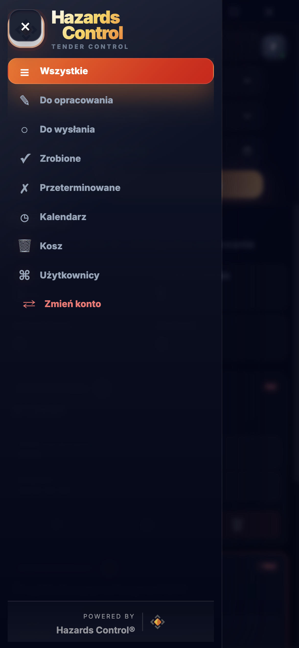 Menu HC Tender Control na Androidzie